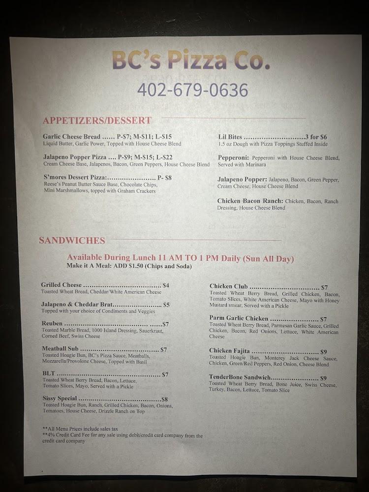 BC's Pizza Co. Menu image 1