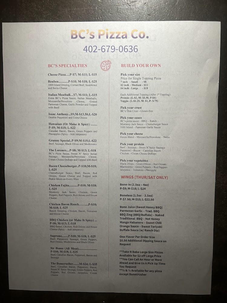 BC's Pizza Co. Menu image 2
